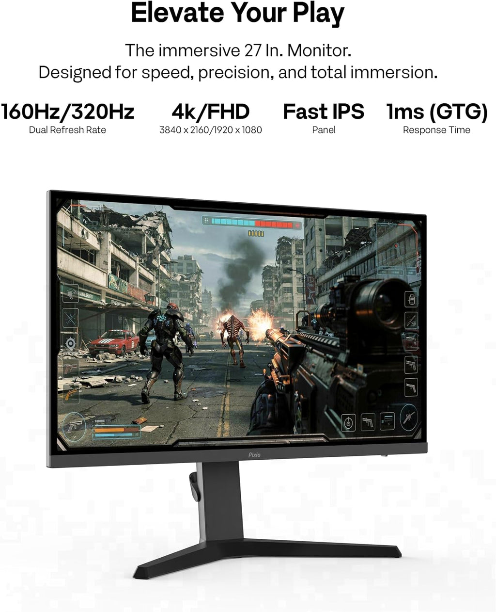 Pixio PX27U Prime Neo 27 inch Dual Mode UHD 4K 160Hz/FHD 1920x1080p 320Hz Fast IPS Panel 1ms GTG Response Time Gaming Monitor with Adaptive Sync HDR and Fully Adjustable Stand