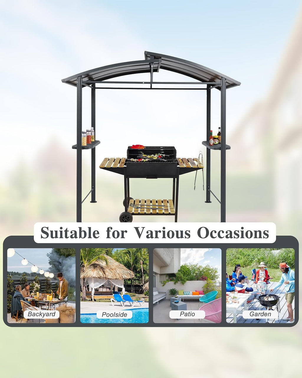 BPS 8x5 FT BBQ Grill Gazebo with Double-Tier Polycarbonate Roof, Steel Frame & Side Shelves, for Outdoor, Patio, Backyard