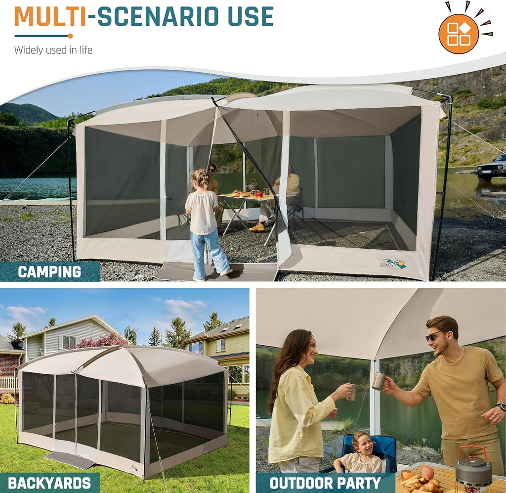 Magnetic Screen House Tent 13x9ft Screen Room Mesh Gazebos w/ 2 Magnetic Doors, Included Projection Screen, Camping Tent Screened Canopy Shelter for Outdoor Patios Backyards Activities (Beige)