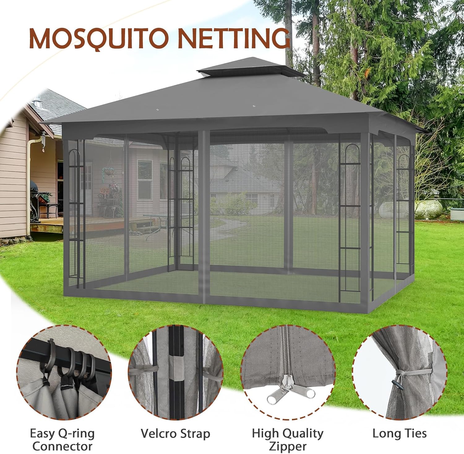 COOS BAY 10x12 Outdoor Patio Gazebo with Netting, Two Tier Water Resistant Canopy for Backyard, Gray