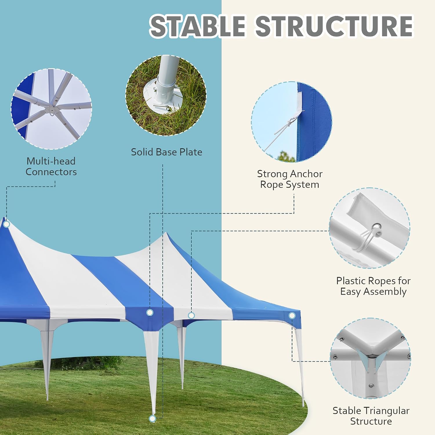EROMMY 13x26ft Party Tent, Heavy Duty Wedding, Double Peaked Canopy Tent with Pole-Less Event Space, 60 Person Capacity Outdoor Gazebo Pavilion Shelter for Party, Event, White & Blue