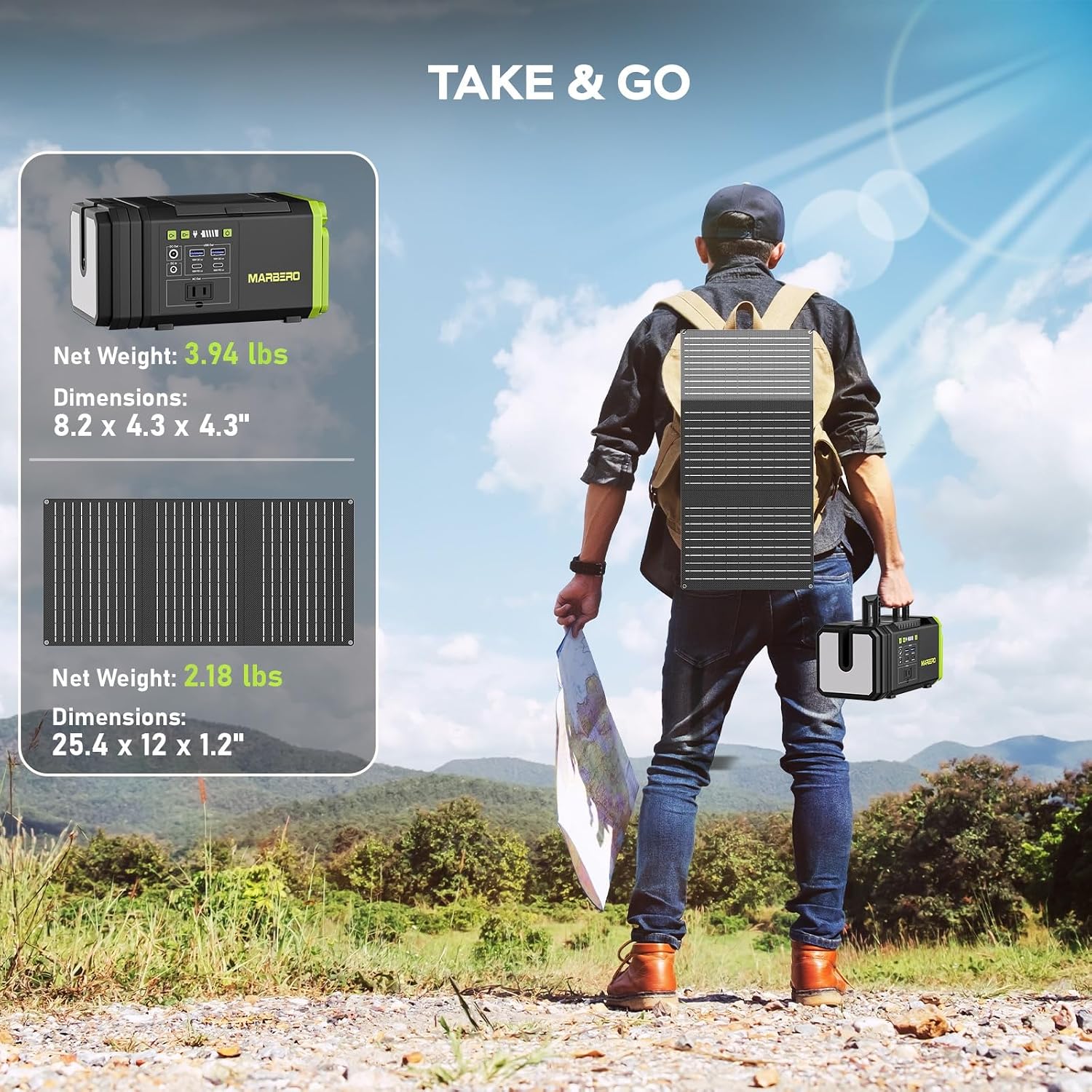 MARBERO 118Wh Solar Generator with Telescopic Camping Lights 32000mAh 160W Max Portable Power Station with Solar Panel Included 30W AC Outlet USB DC Output for Camping Hiking Emergency