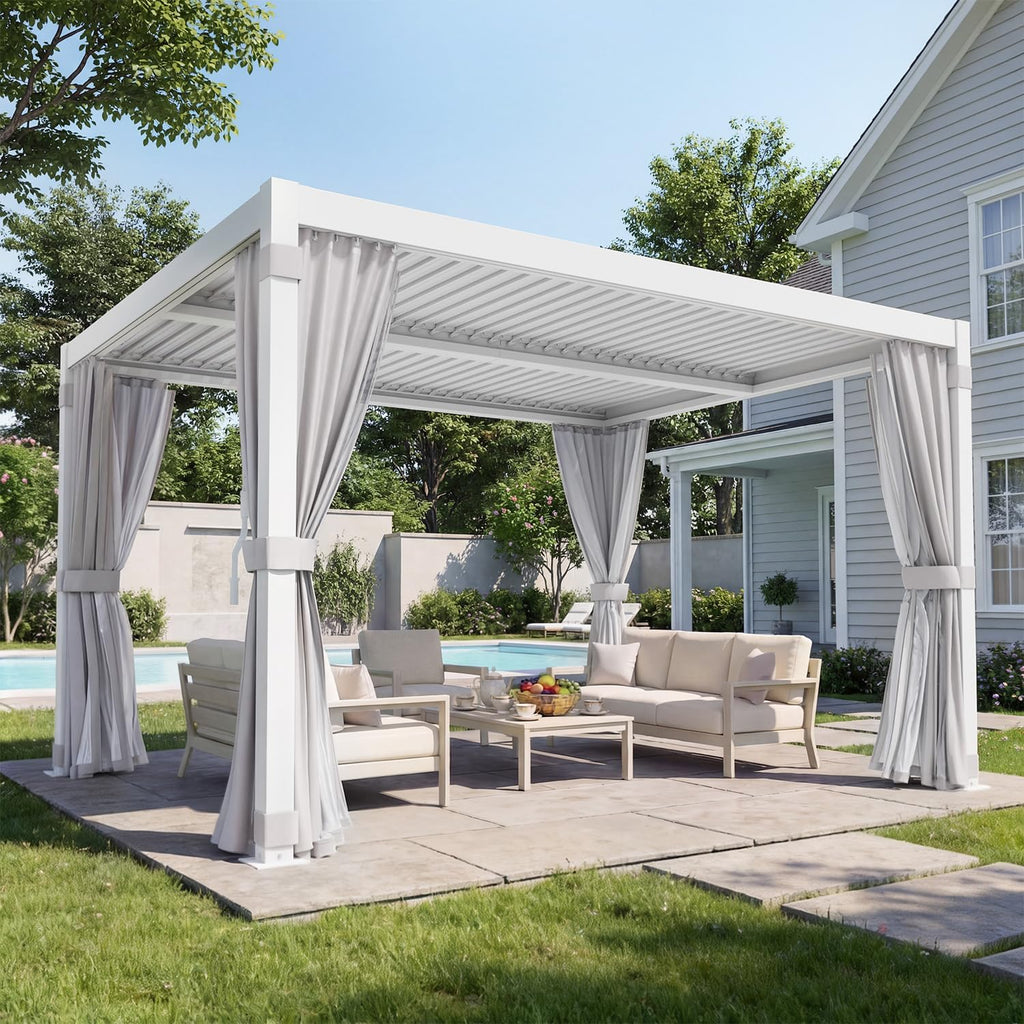 MELLCOM Louvered Pergola 10x12, Steel Aluminum Pergola with Adjustable Louvered Roofs, Outdoor Gazebo with Waterproof Curtains and Nets, White