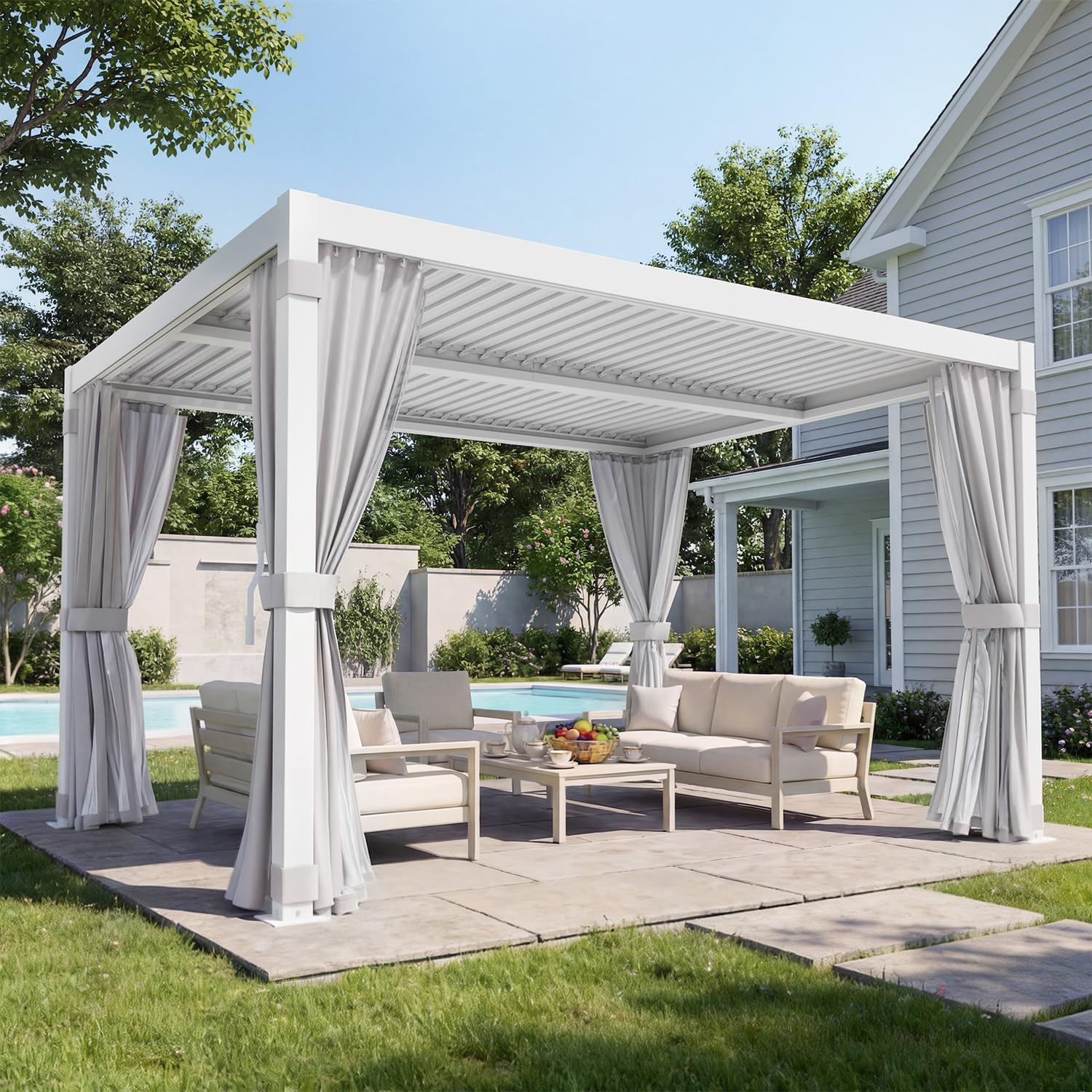 MELLCOM Louvered Pergola 10x12, Steel Aluminum Pergola with Adjustable Louvered Roofs, Outdoor Gazebo with Waterproof Curtains and Nets, White