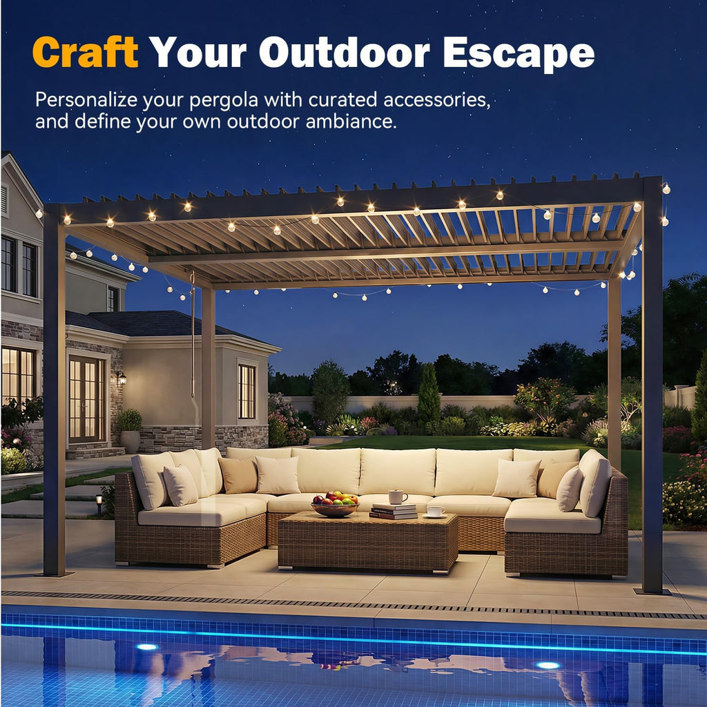 MELLCOM Pergola Louvered 10x12, Metal Hardtop Pergola with Adjustable Roof for Sun & Rain Shade, Outdoor Gazebo with Integrated Drainage System, Modern Rustproof Patio Canopy Carport
