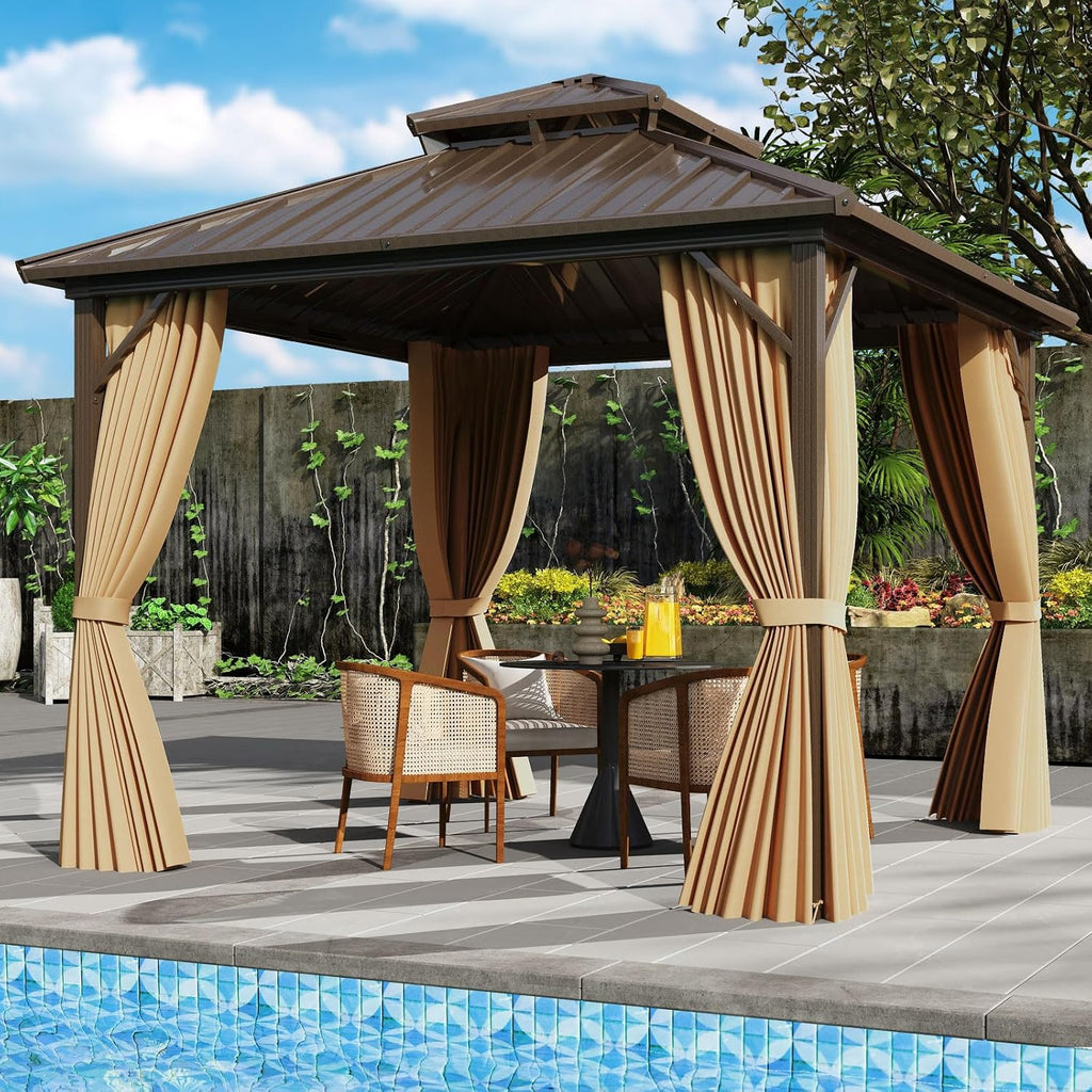 Tangkula 10x10 FT Hardtop Gazebo, Permanent Pavilion Shelter with Netting & Curtain, Heavy-Duty Double Galvanized Metal Roof, Aluminum Frame, Outdoor Gazebo for Patio Garden Deck Lawn Backyard