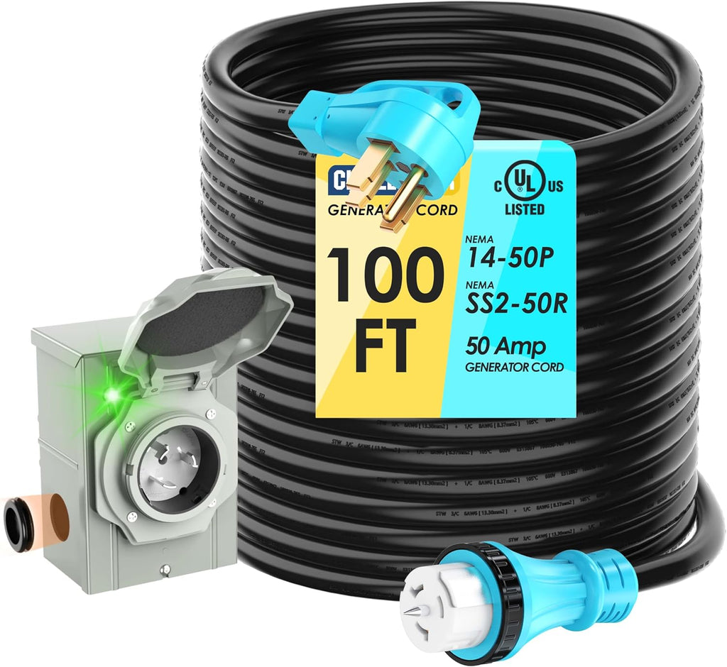 50 Amp 100 Feet Generator Cord and Power Inlet Box Combo Kit NEMA 14-50P Male to SS2-50R STW 6/3+8/1 AWG 125/250V Twist Locking with Inlet Box for Generator to House, UL Listed