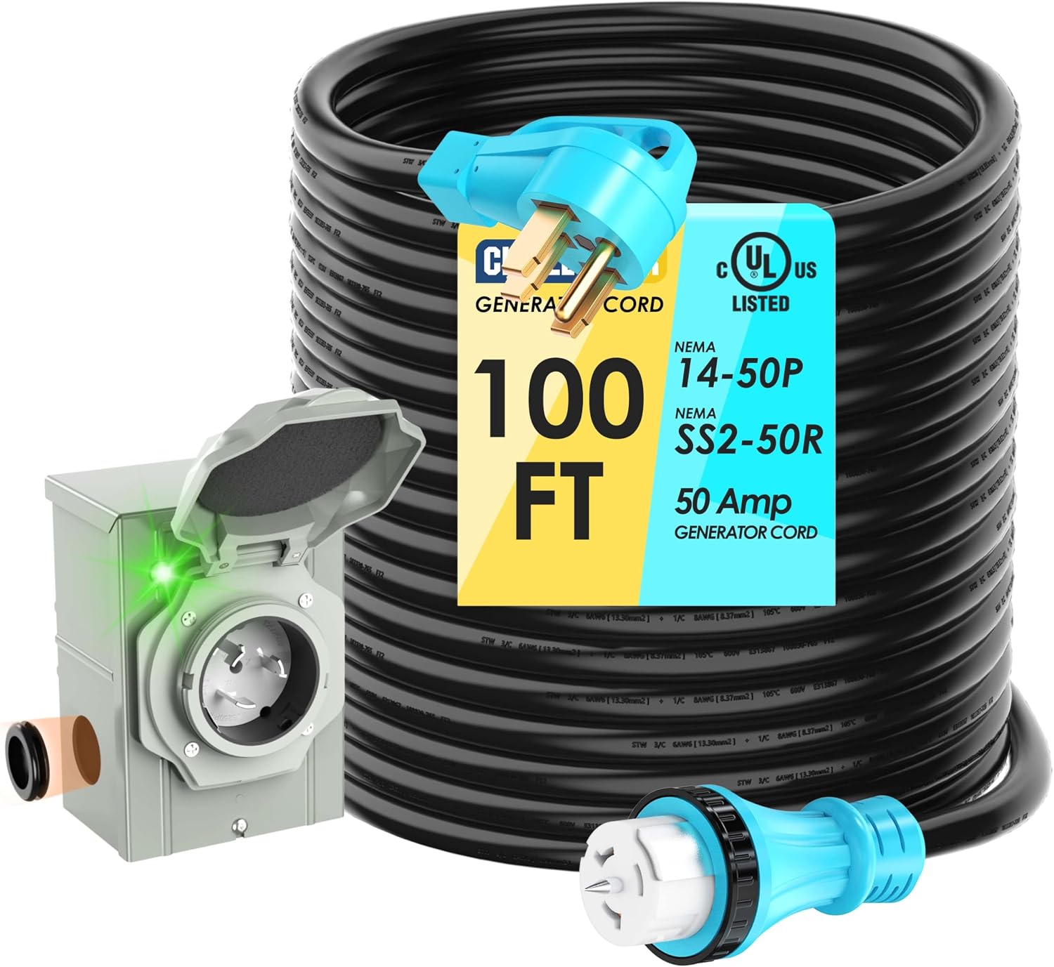 50 Amp 100 Feet Generator Cord and Power Inlet Box Combo Kit NEMA 14-50P Male to SS2-50R STW 6/3+8/1 AWG 125/250V Twist Locking with Inlet Box for Generator to House, UL Listed