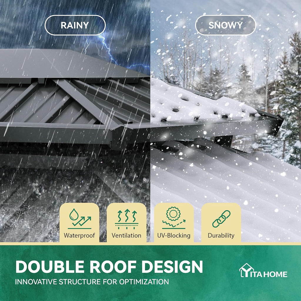 YITAHOME 10X12FT Hardtop Gazebo Double Roof Canopy Galvanized Iron Aluminum Frame Garden Tent Curtains Netting for Patios Backyards Decks Lawns