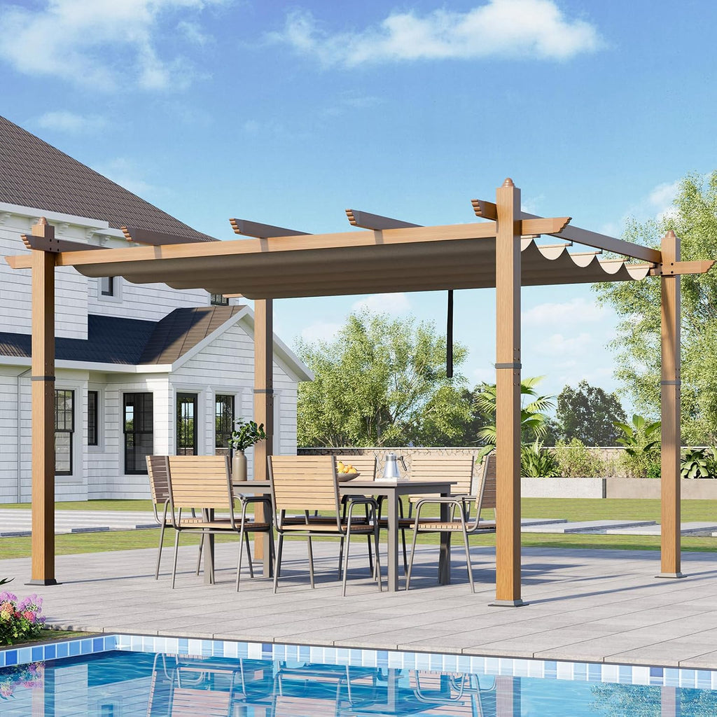 10x13 Ft Outdoor Patio Aluminum Pergola with Sun Shade Canopy, Upgraded Wood-Grain Post Retractable Pergola, Modern Metal Yard Grape Trellis Gazebo for Backyard, Patio, Porch, Khaki