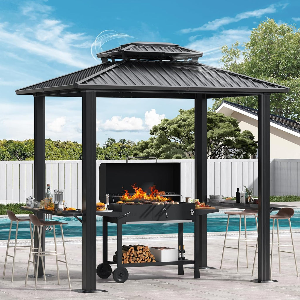 Hoteel 6x8FT Hardtop Grill Gazebo, Outdoor Patio Aluminum Frame Barbecue Gazebo with Galvanized Steel Double Roof and 2 Side Shelves for Deck Lawn Backyard Garden and Party, Black(2026 Version)