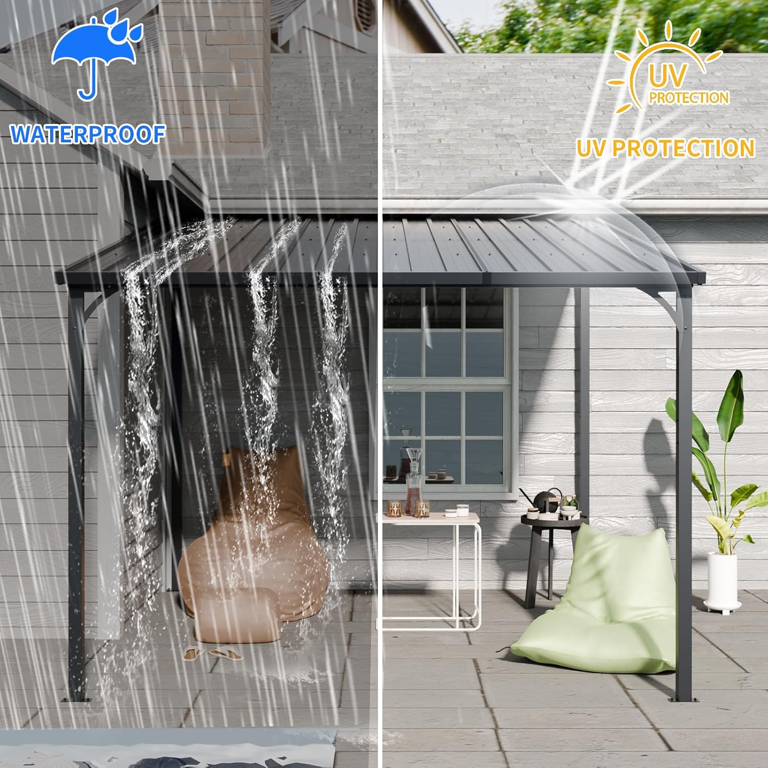 Patio Lean to Gazebo with Galvanized Steel Roof, 10x10 FT Outdoor Metal Wall-Mounted Pergola for Garden, Lawn, Poolside, Backyard Deck