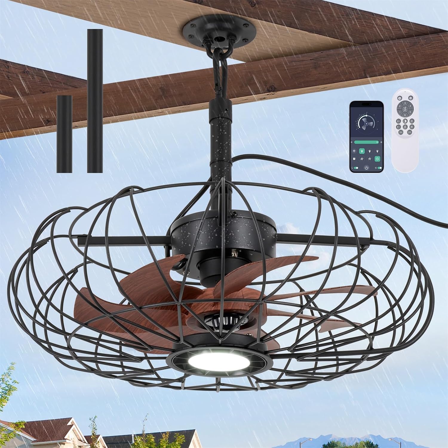20'' Outdoor Gazebo Fan with Lights, IP64 Waterproof Caged Ceiling Fan with Remote and Hanging Hook, 3CCT Dimmable 6-Speed Reversible Motor, Outside Plug in Ceiling Fans for Patio Porch Canopy, Black