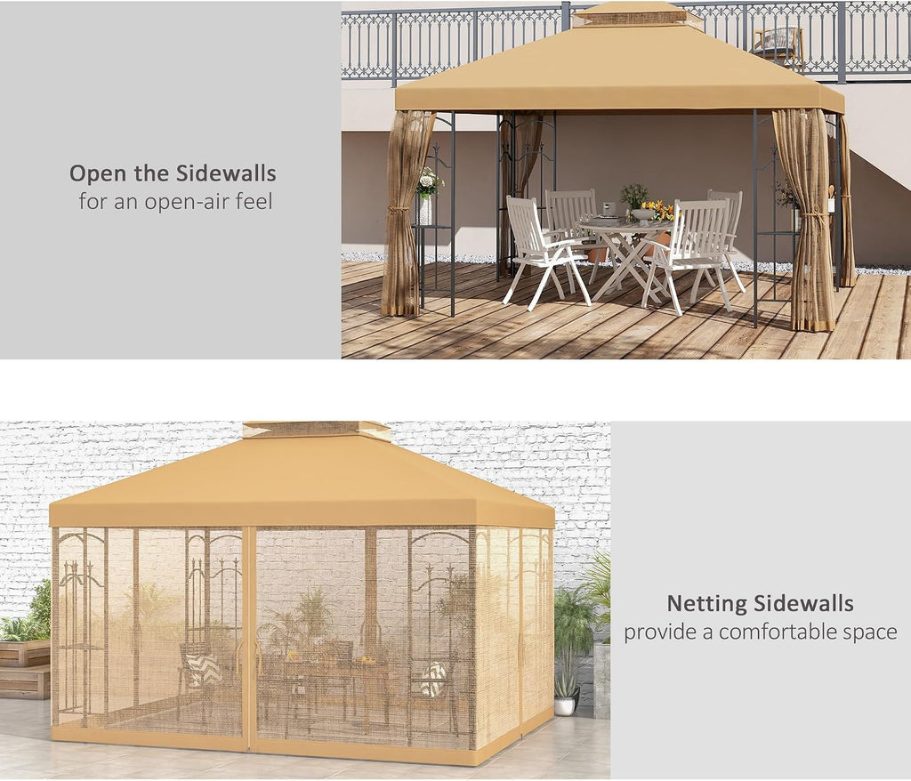Outsunny 10' x 12' Patio Gazebo with Corner Frame Shelves, Double Roof Outdoor Gazebo Canopy Shelter with Netting for Patio, Wedding, Catering & Events, Brown