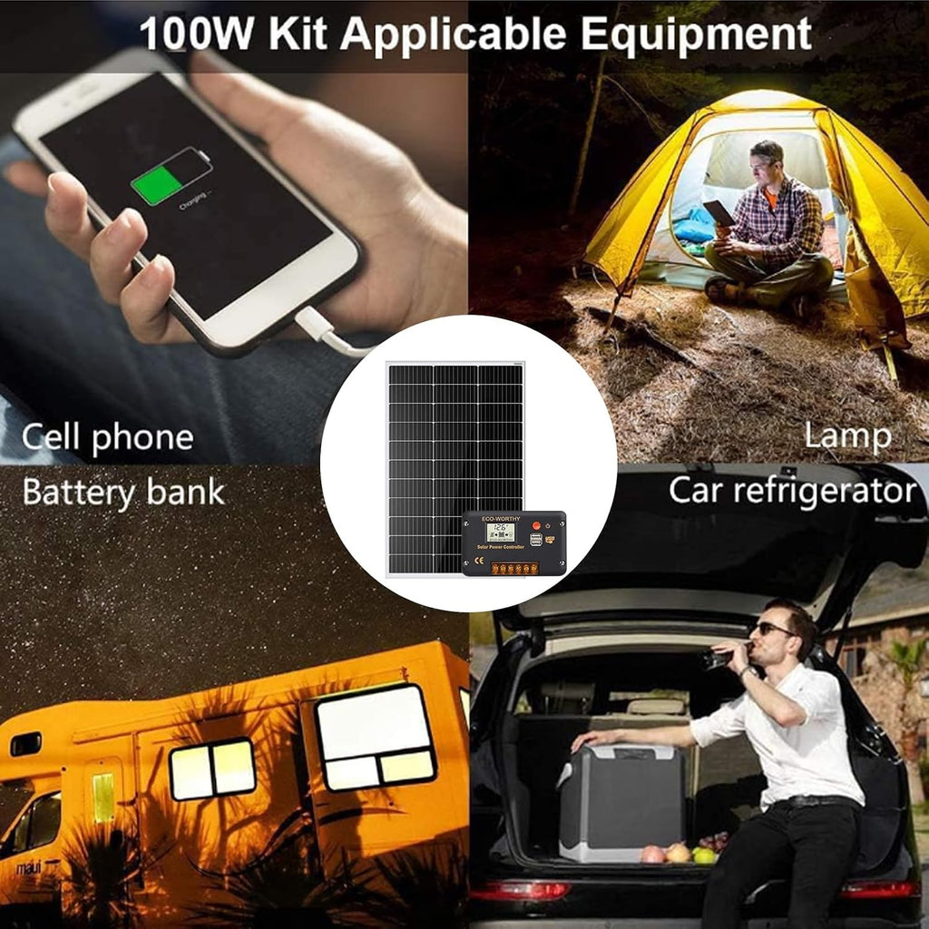 ECO-WORTHY 100 Watt 12 Volt Solar Panel Kit with 100W Bifacial N-Type 25% High Efficiency Solar Panel+30A PWM Charge Controller for RV Battery Boat Trailer Cabin Garden Shed Home
