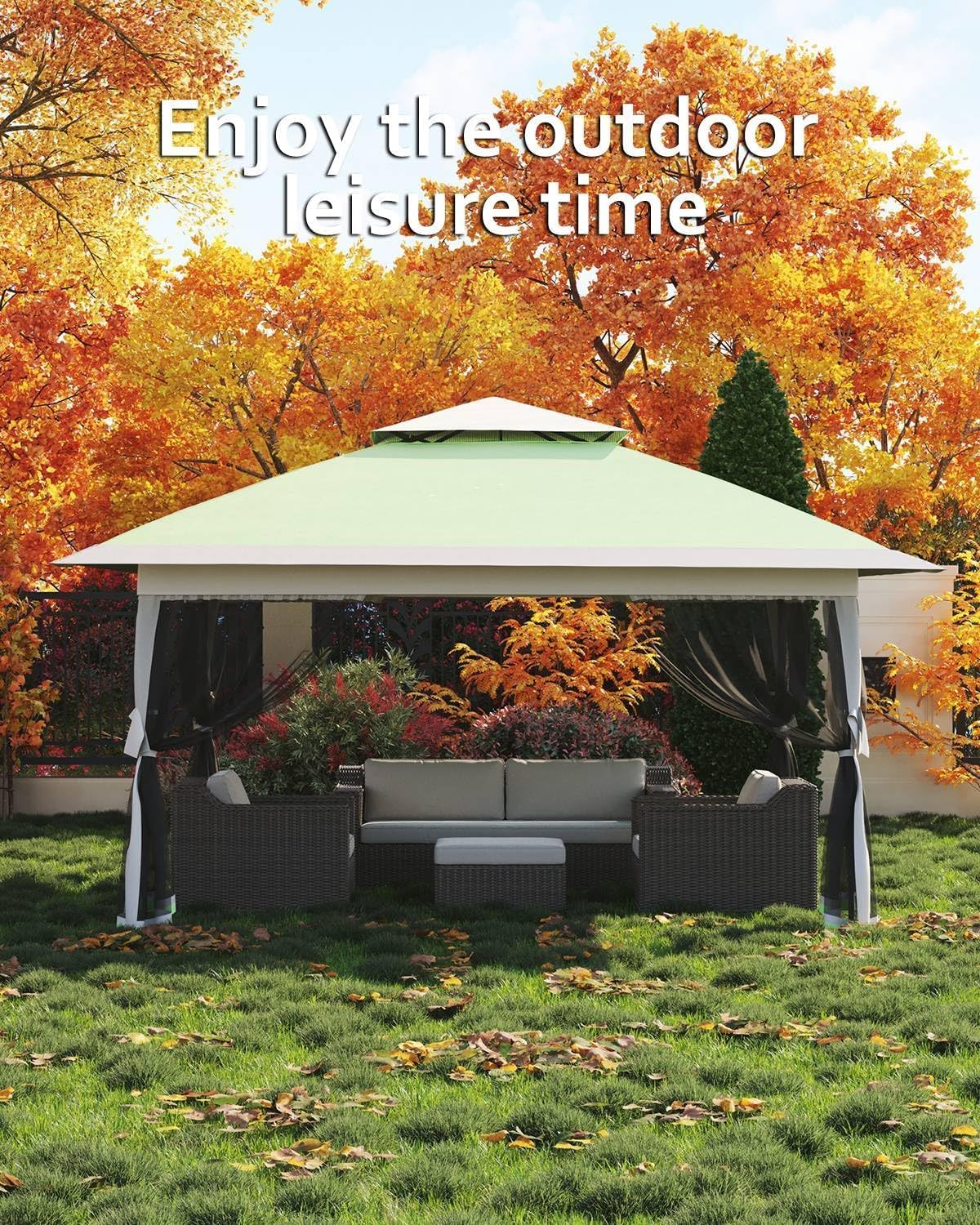 12x12FT Pop Up Gazebo, Instant Backyard Canopy Tent with Mosquito Net & Double Roof, Pop-Up Gazebo Canopies Adjustable Height for Patio, Party, Green