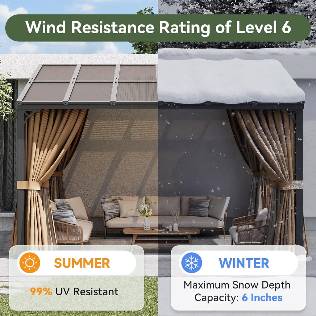 Aoxun 10'x12' Lean to Gazebo with Mosquito Net and Curtains, Aluminum Frame, Polycarbonate Panel, Wall Mounted Pergola with Sloped Roof for Backyard, Porch, Deck