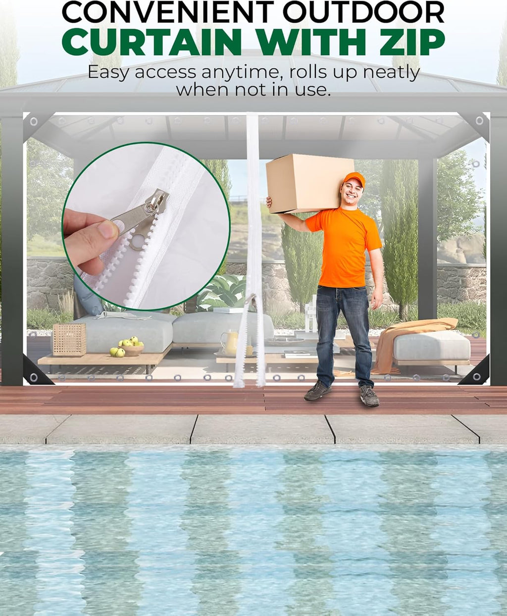 8'H x15'W Outdoor Vinyl Curtain 19oz Clear Tarps with Zipper,Vinyl Patio Enclosure,Outdoor Curtains Heavy Duty Waterproof Transparent Tarp with Grommets for Gazebo Porch Balcony Pergola