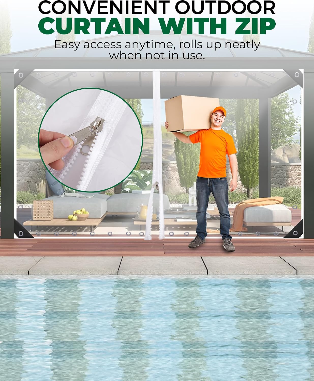 9'H x15'W Outdoor Vinyl Curtain 19oz Clear Tarps with Zipper,Vinyl Patio Enclosure,Outdoor Curtains Heavy Duty Waterproof Transparent Tarp with Grommets for Gazebo Porch Balcony Pergola