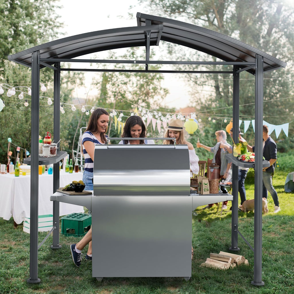 Aoodor 8 x 5 ft. BBQ Grill Gazebo Shelter, Dark Gray Steel Frame and Brown Double-Tier Polycarbonate Top Canopy, with Side Shelves, for Outdoor, Patio, Backyard