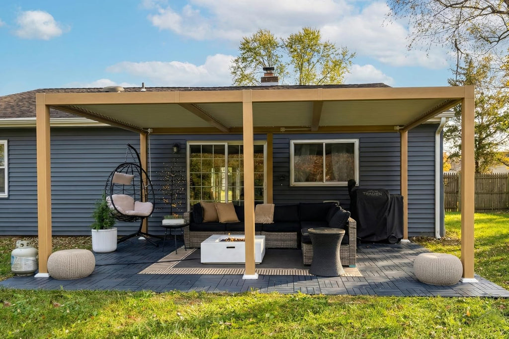 PURPLE LEAF 11' x 18' Louvered Pergola Outdoor Wood Grain Aluminum Pergola with Adjustable Roof Retractable Patio Rainproof Hardtop Gazebo for Deck Backyard Garden