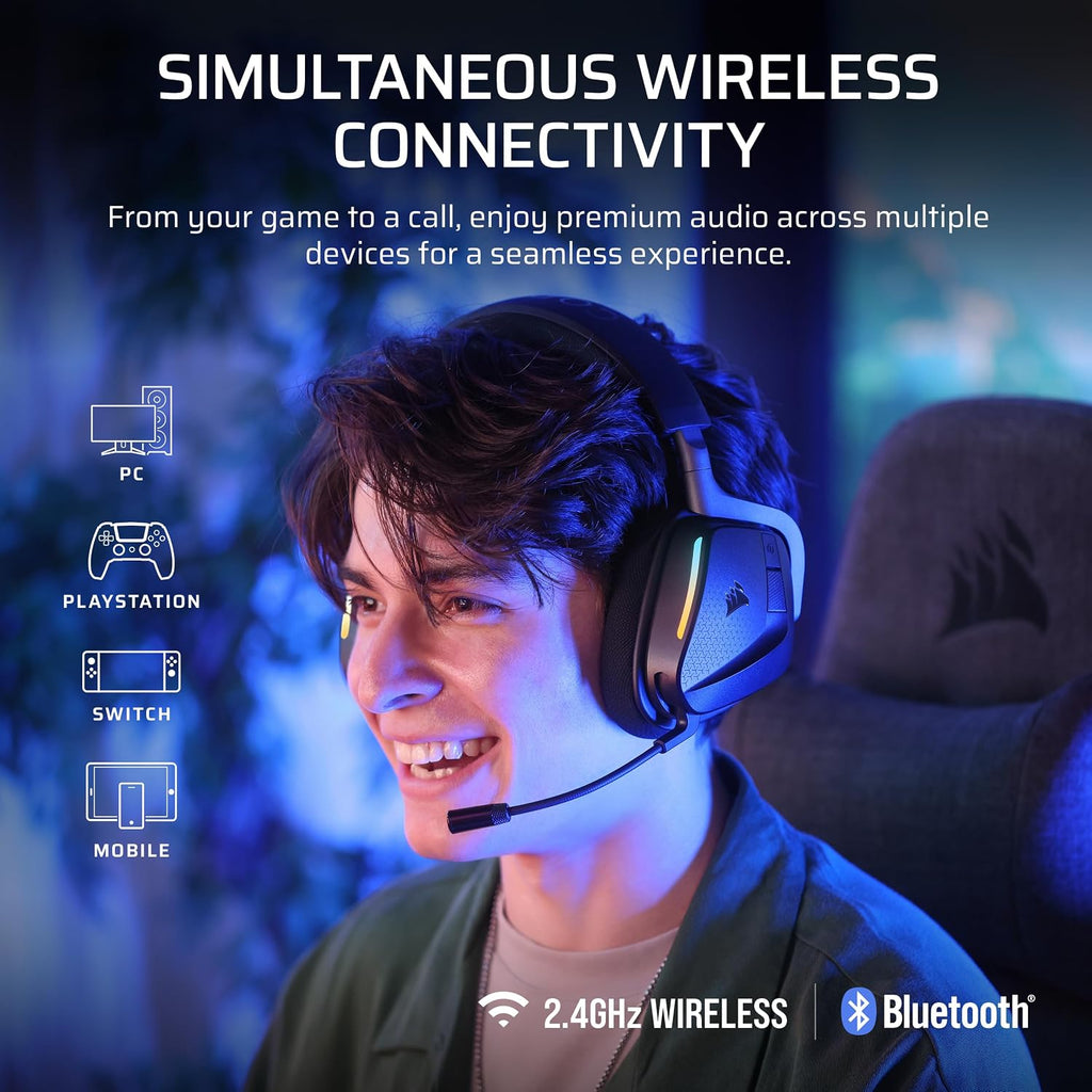 Corsair Void v2 MAX Wireless Gaming Headset for PC, PS5, PS4, Switch, Mobile - Simultaneous 2.4GHz+Bluetooth, Dolby Atmos, Sonarworks SoundID, 70Hr Battery, Fast Charging, Clear Microphone - Carbon
