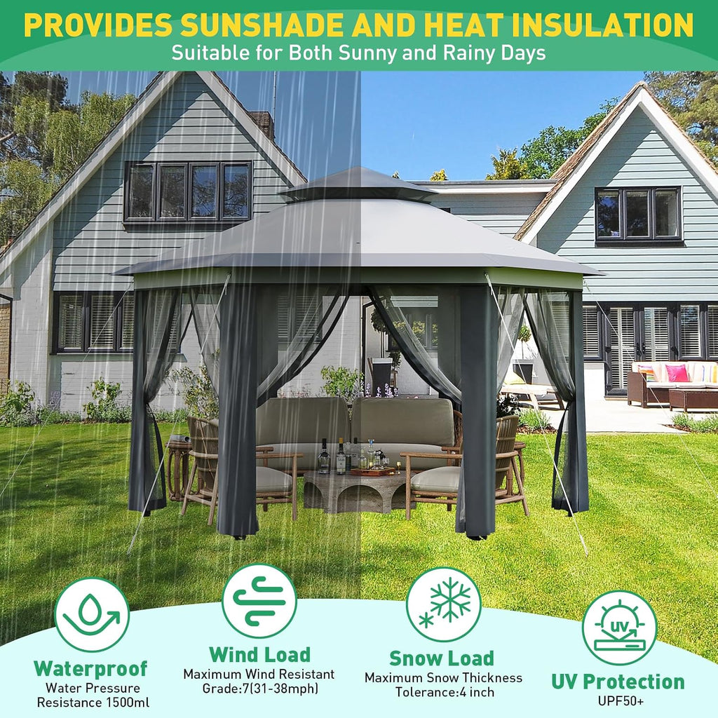 Pop-Up Gazebo 13 * 13 ft 6 Sided, Canopy Tent with Mesh Windows & Portable Carry Bag, Adjustable Tent Outdoor Pergola for Backyard & Patio Furniture (Light Grey + Dark Grey)