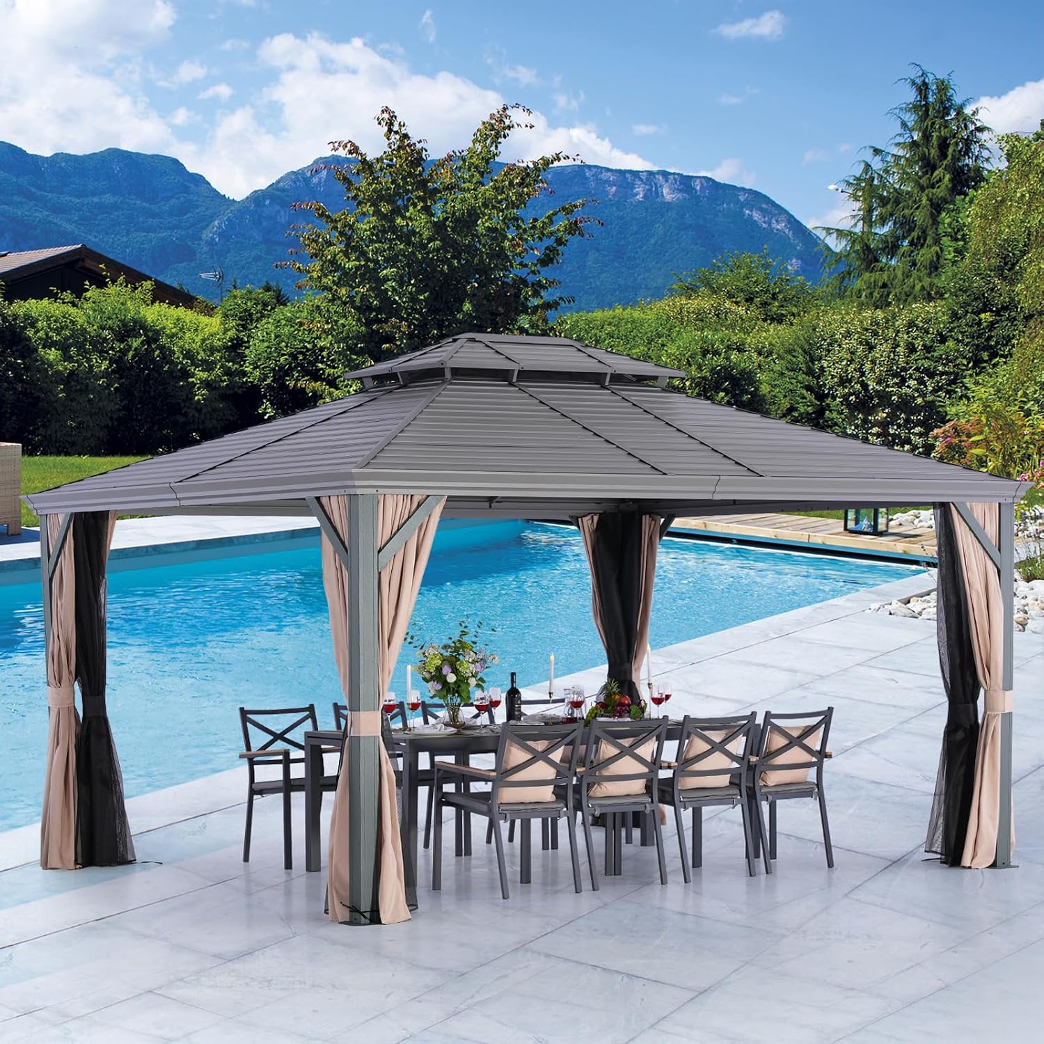 LeDoasis Nova 12' X 14' Permanent Hardtop Gazebo with Galvanized Steel Double Roof, Heavy Duty Metal Canopy with Curtains and Netting, for Patio Lawn and Garden