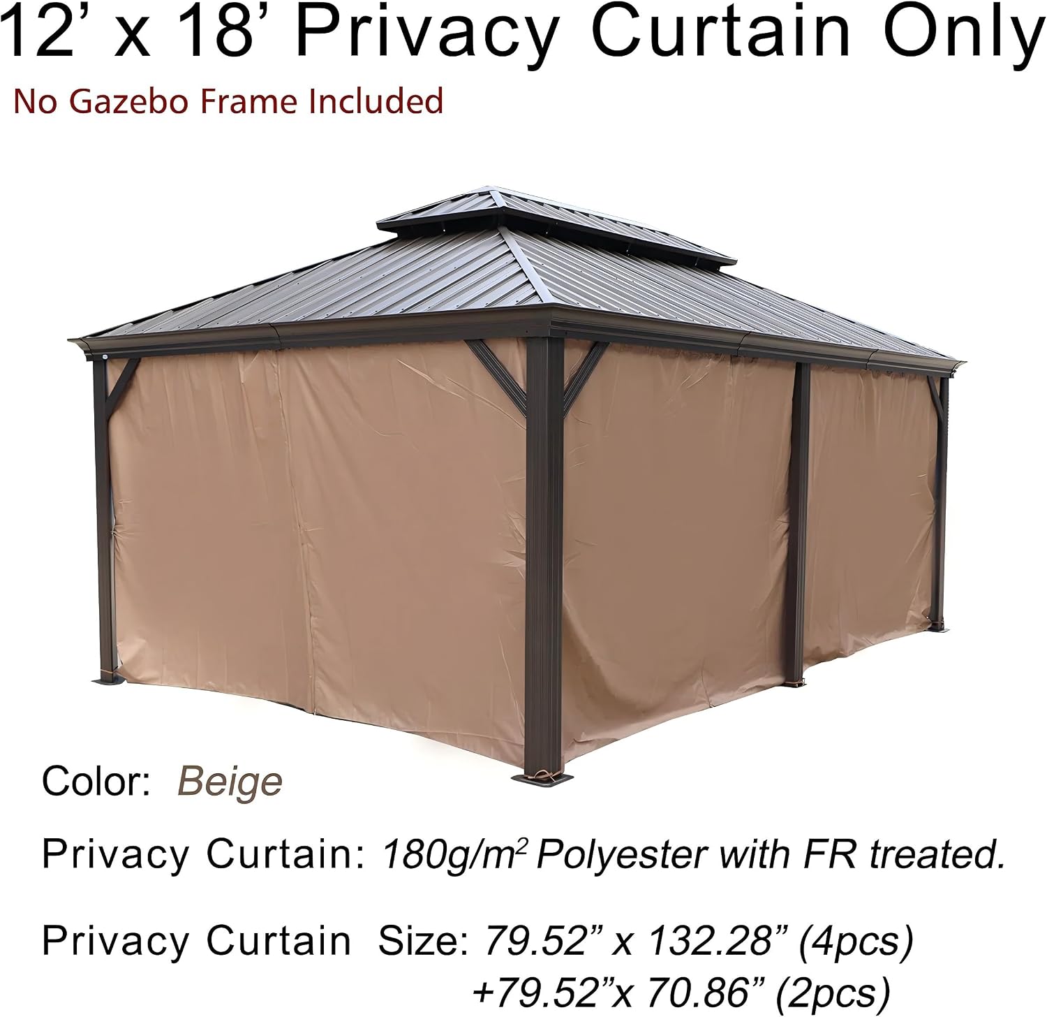 Kozyard 12' x 18'Outdoor Gazebo Privacy Curtain Sidewall, Waterproof Patio Privacy Curtain with Center-Zip Design, Replacement for Hardtop Gazebo Brown