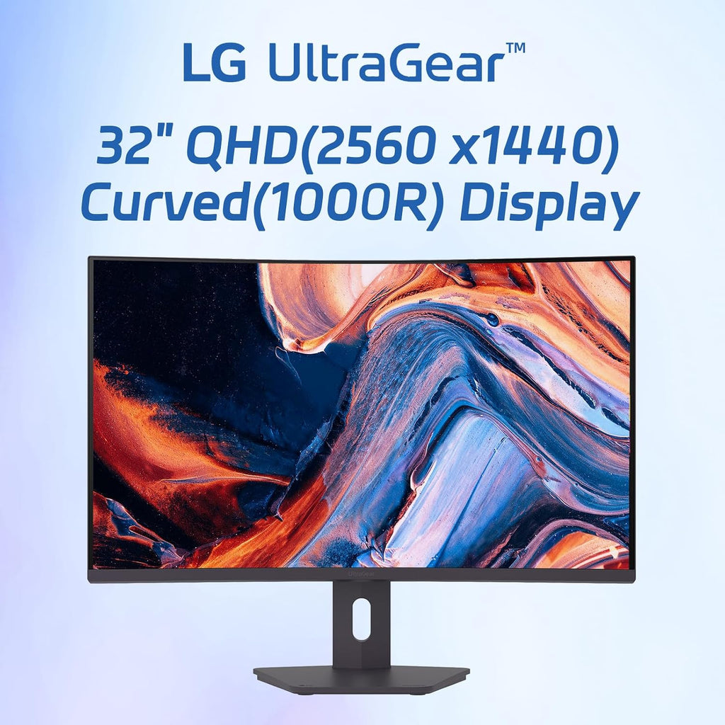 LG 32' Curved Monitor, QHD 1440p VA Panel, 180Hz, 1ms GtG, 1000R Deep Curvature, AMD FreeSync Compatible, HDR10, sRGB 99% Color, HDMI x2, DisplayPort x1, Height Tilt Swivel Adjustable Stand