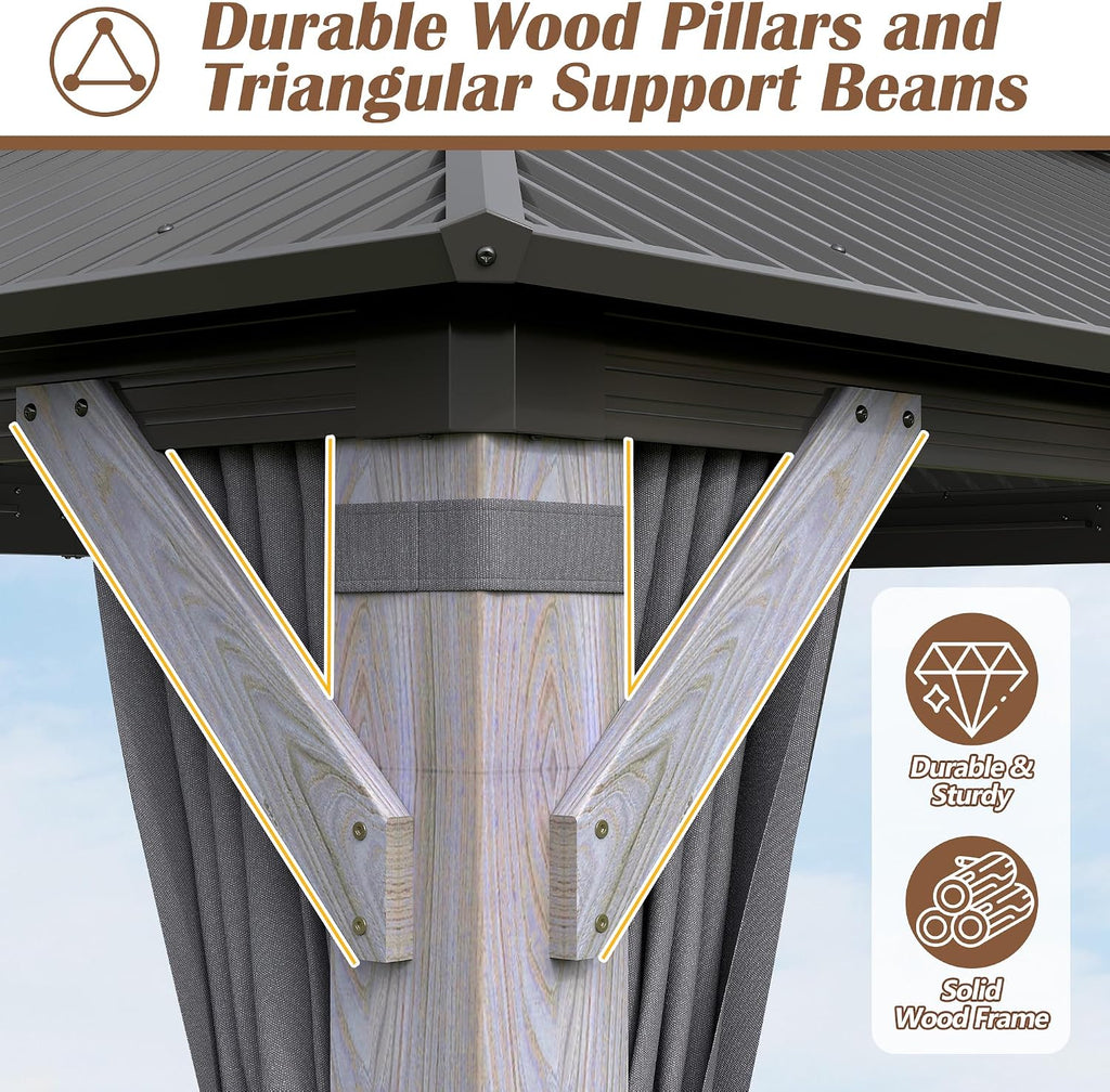 10'x10' Wood Gazebo, Outdoor Hardtop Gazebo with Wood Posts and Galvanized Steel Doule Roof, Wooden Frame Gazebos with Netting and Curtains for Patio Backyard Garden Deck
