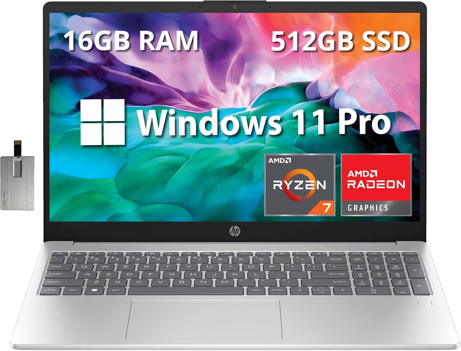 HP 15.6' Full HD Business Laptop, AMD Ryzen 5 7520U Processor, 16GB RAM, 512GB SSD, AMD Radeon Graphics, Bluetooth, Wi-Fi, Win11 Pro, Silver, 32GB Hotface USB Card