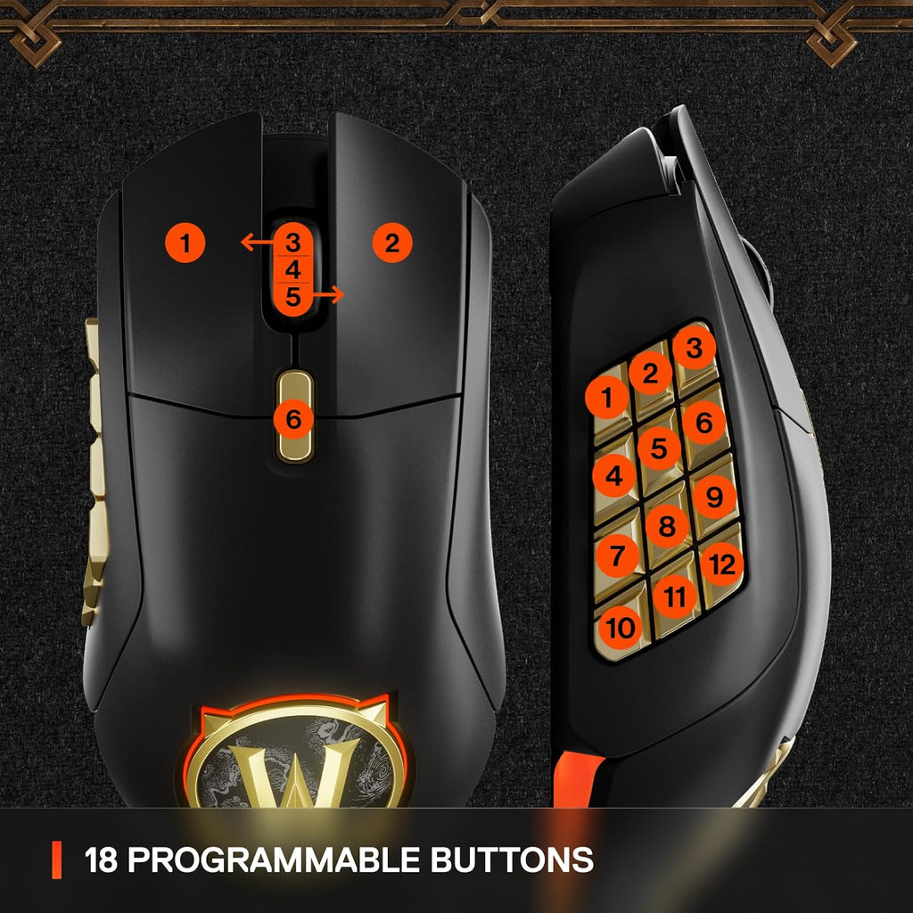 SteelSeries Aerox 9 Wireless: World of Warcraft Edition — Free in-Game Item — MMO Gaming Mouse — 18 Programmable Buttons — Lightweight — Bluetooth/2.4GHz — 18K DPI TrueMove Air Sensor (Renewed)