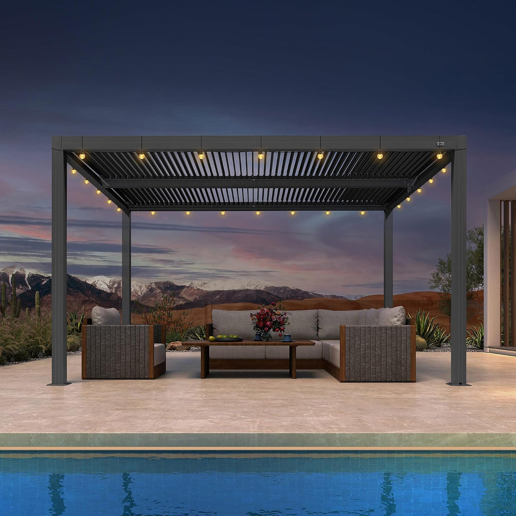 PURPLE LEAF Louvered Pergola 10' x 13' Outdoor Retractable Modern Hardtop Full Aluminum Pergola with Adjustable Rainproof Roof and 24 Clear LED Lights for Patio Deck Backyard Slate Grey