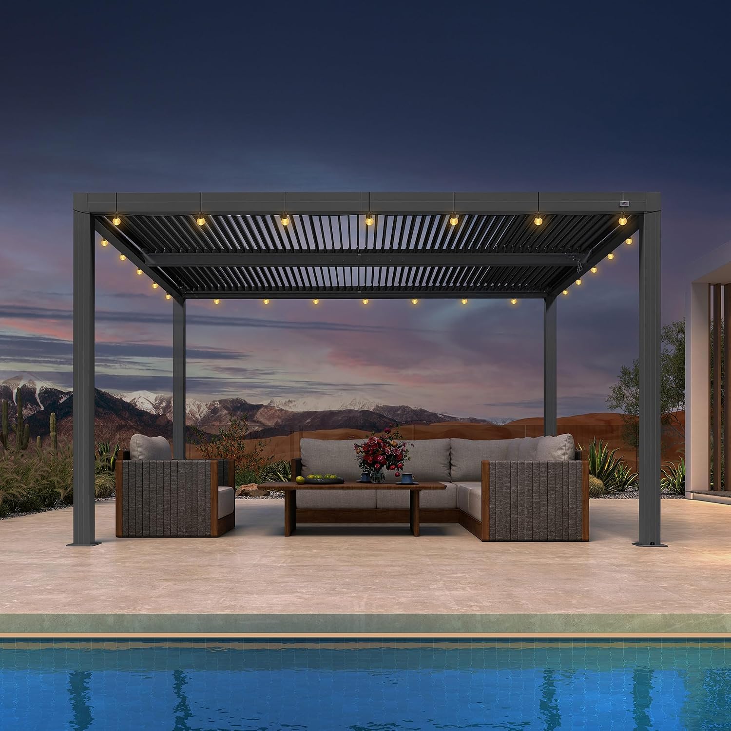 PURPLE LEAF Louvered Pergola 10' x 13' Outdoor Retractable Modern Hardtop Full Aluminum Pergola with Adjustable Rainproof Roof and 24 Clear LED Lights for Patio Deck Backyard Slate Grey