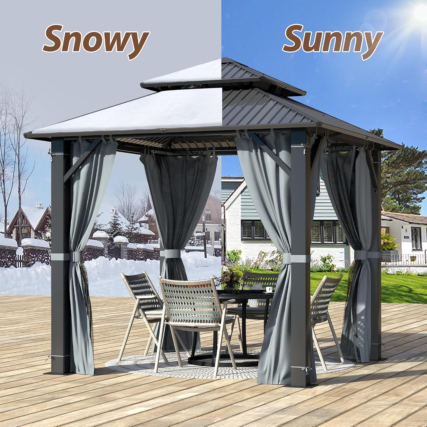 8.5' x 8.5' Hardtop Gazebo, Galvanized Steel Double Roof Gazebo with Nettings and Curtain Outdoor Aluminum Frame Vertical Stripes Roof Gazebos for Patio, Backyard, Lawn