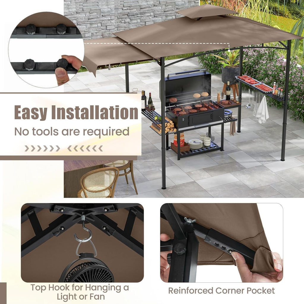 HAPPYGRILL Outdoor Grill Gazebo Canopy 11 x 5 FT, Barbecue Canopy with Double-Tiered Top, 2 Side Shelves, Hanging Hooks, Bottle Opener, Metal Frame, BBQ Grilling Shelter