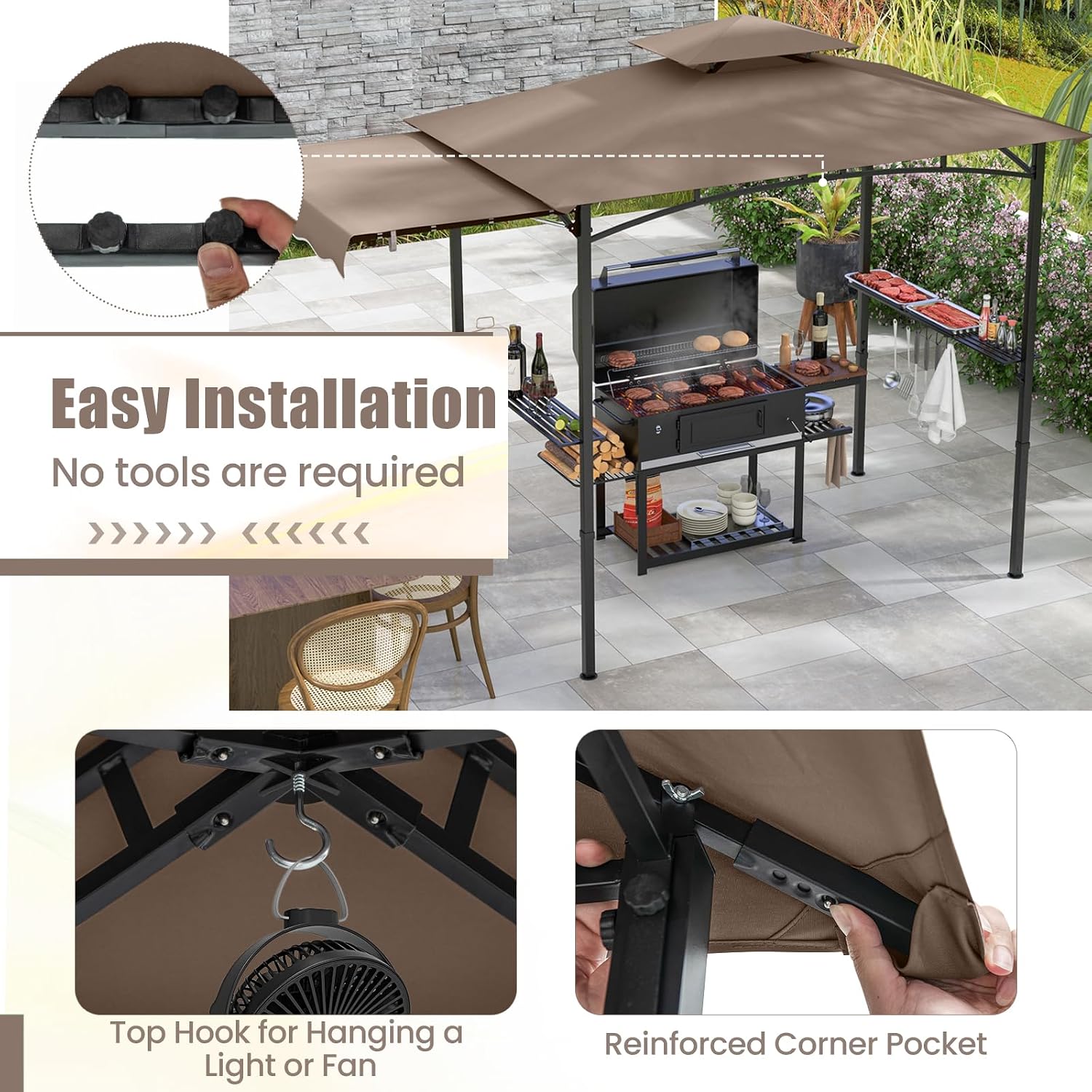 HAPPYGRILL Outdoor Grill Gazebo Canopy 11 x 5 FT, Barbecue Canopy with Double-Tiered Top, 2 Side Shelves, Hanging Hooks, Bottle Opener, Metal Frame, BBQ Grilling Shelter