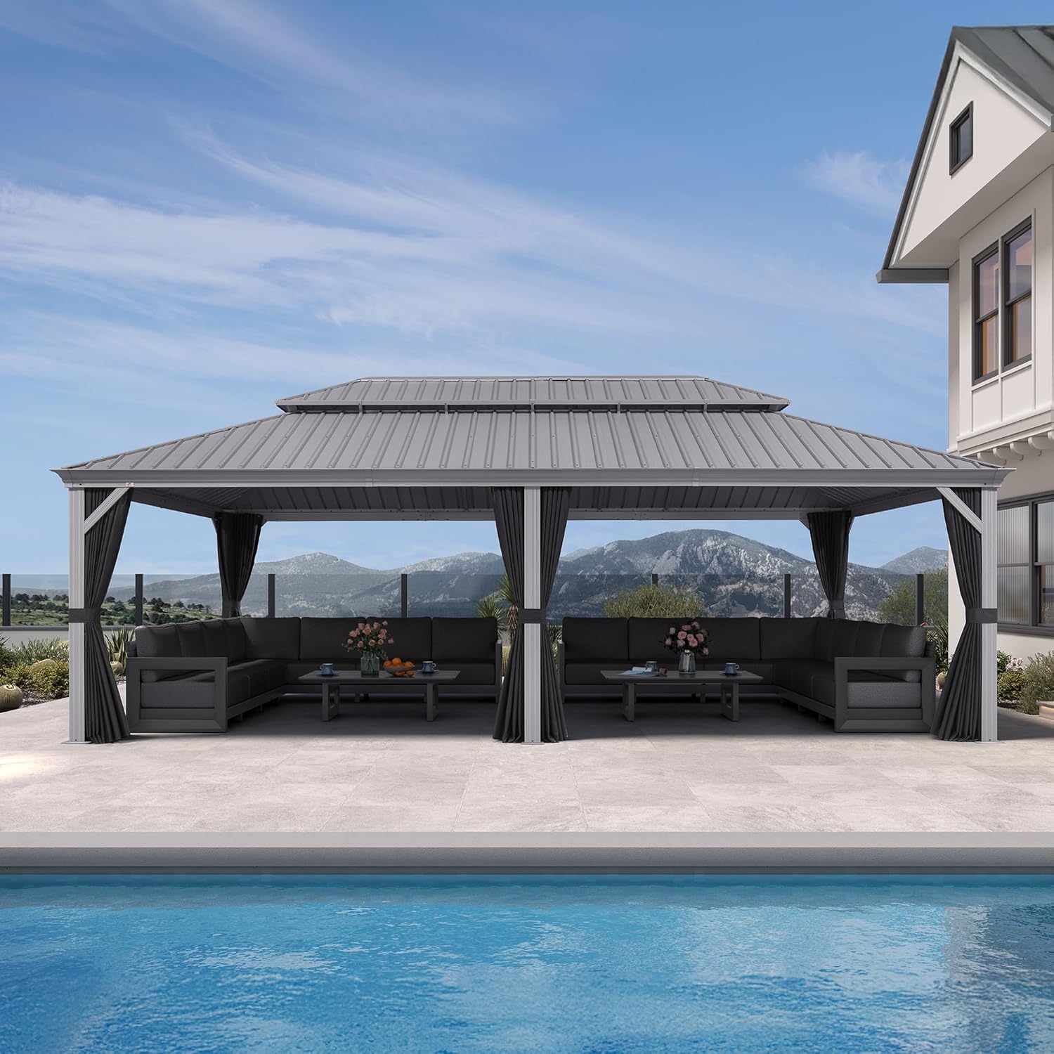 PURPLE LEAF 14' x 24' Hardtop Aluminum Gazebo with Double Metal Roof Heavy Duty Permanent Gazebo for Patio Deck Lawn Garden All Weather Outdoor Pavilion Gazebos, Light Grey