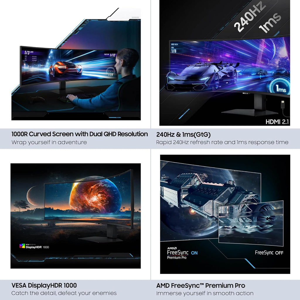 Samsung 49' Odyssey G9 Series DQHD 1000R Curved Gaming Monitor, 1ms(GtG), VESA DisplayHDR 1000, 240Hz, AMD FreeSync Premium Pro, Height Adjustable Stand, Ultrawide Screen, LS49CG954ENXZA, 2024