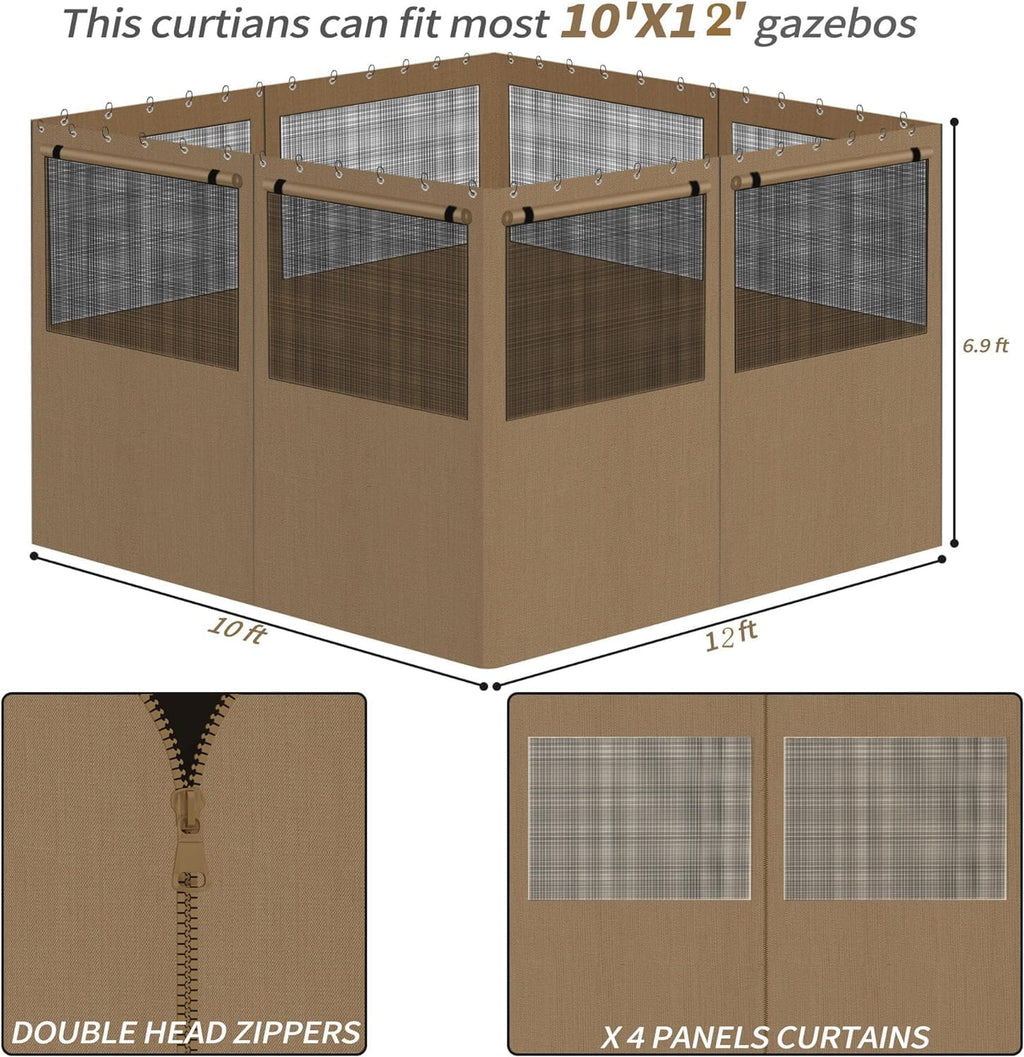 Gazebo Privacy Curtains 10' x 12' with Mosquito Windows, 4-Panels Side Wall with Zipper Universal Replacement for Patio, Outdoor Canopy, Garden and Backyard, Khaki (Curtain Only)