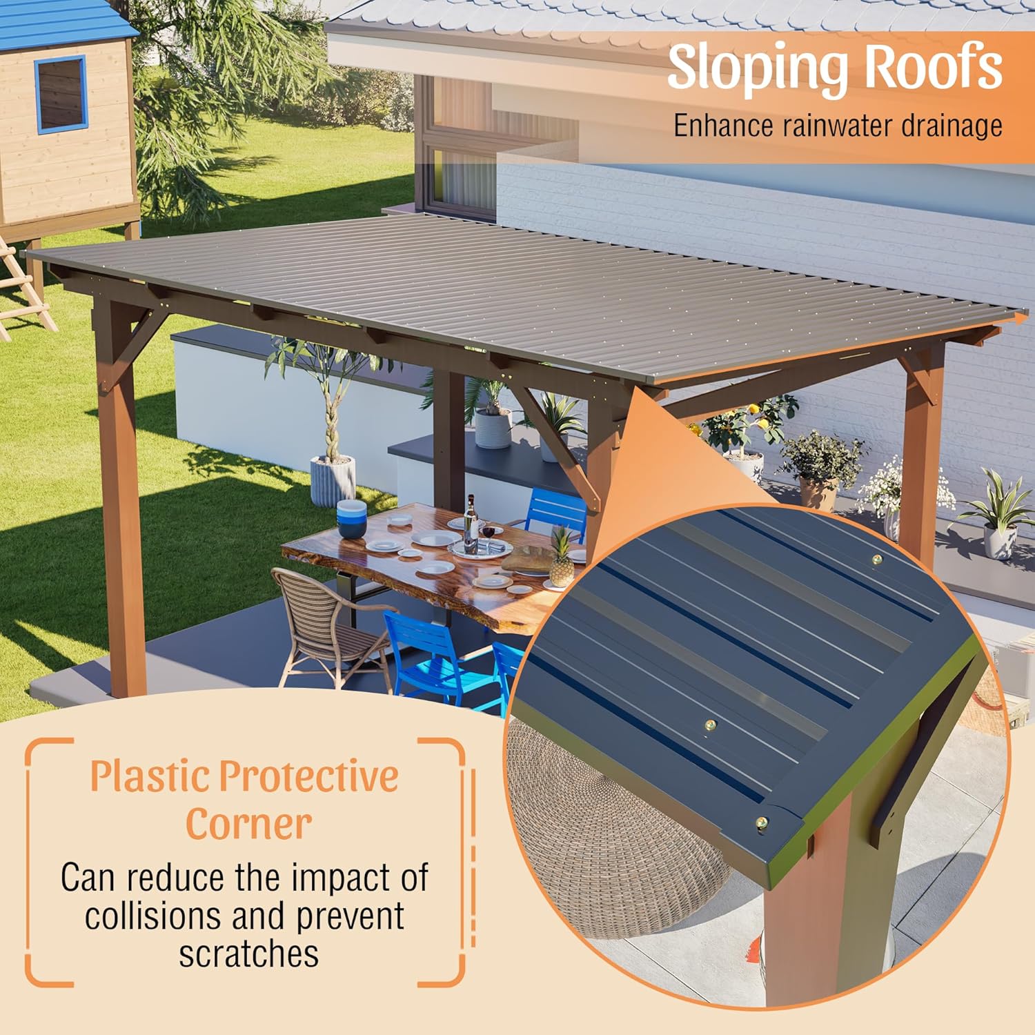 YOPTO 13.1x7.7 FT Gazebo,Outdoor Pergola W/Metal Roof,Lean to Gazebo W/UV-Resistant & Water Resistant,Wall-Mounted Heavy Duty Fir Wood Pergola W/Protective Corners,for Backyard Patio Garden,Brown