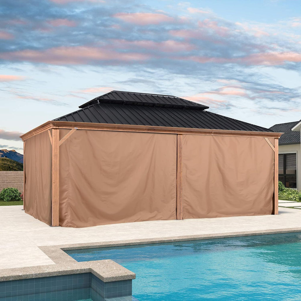 PURPLE LEAF 14' X 20' Outdoor Hardtop Gazebo for Patio Galvanized Steel Double Roof Permanent Canopy Teak Finish Coated Aluminum Frame Pavilion Gazebo with Netting and Khaki Curtains