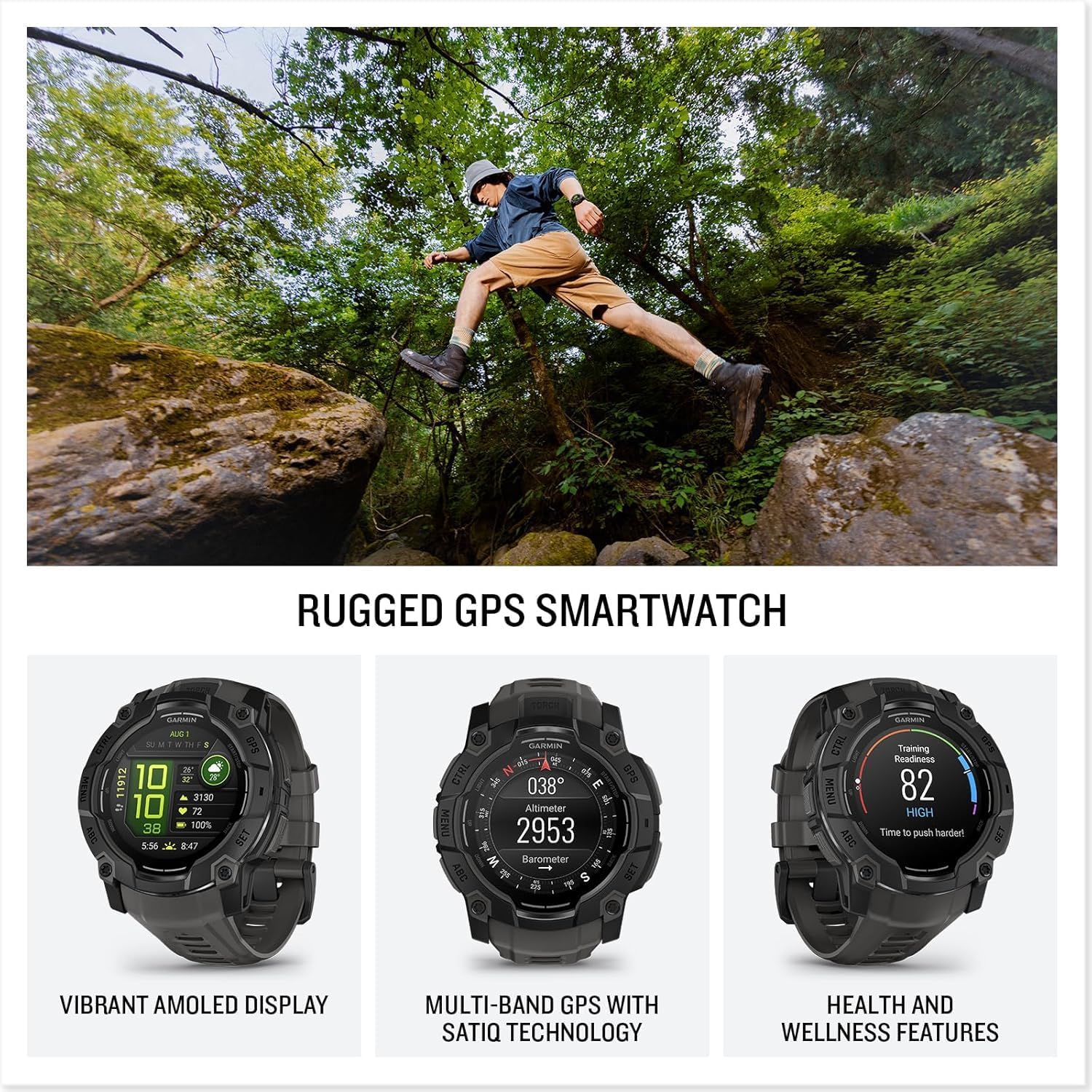 PlayBetter Garmin Instinct 3 AMOLED 50mm (Black/Charcoal) Rugged Outdoor GPS Smartwatch Gift Box Bundle - Metal Reinforced Bezel, Built-in Flashlight HD Screen Protectors, Wall Adapter & Case