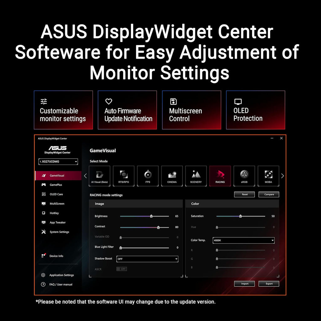 ASUS ROG Strix 27' 4K QD-OLED Gaming Monitor (XG27UCDMG) - 240Hz, 0.03ms, Anti-Flicker 2.0, Custom Heatsink, Care Pro, Neo Proximity Sensor, 99% DCI-P3, True 10-bit Color, 3 yr Warranty