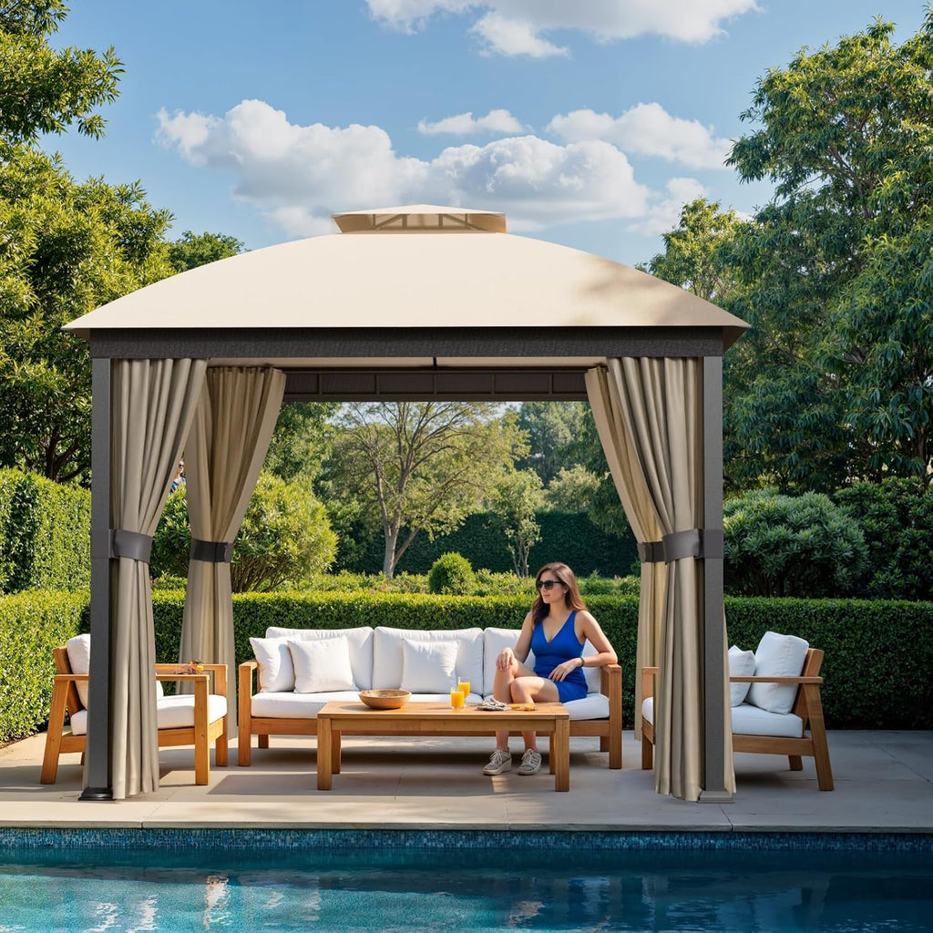 Patio Gazebo 10x10, Outdoor Gazebos, Heavy Duty Gazebo Soft Top Gazebos, Double Roofs Anti-UV Shelter Gaze bo for Patio Deck Backyard Garden Lawns