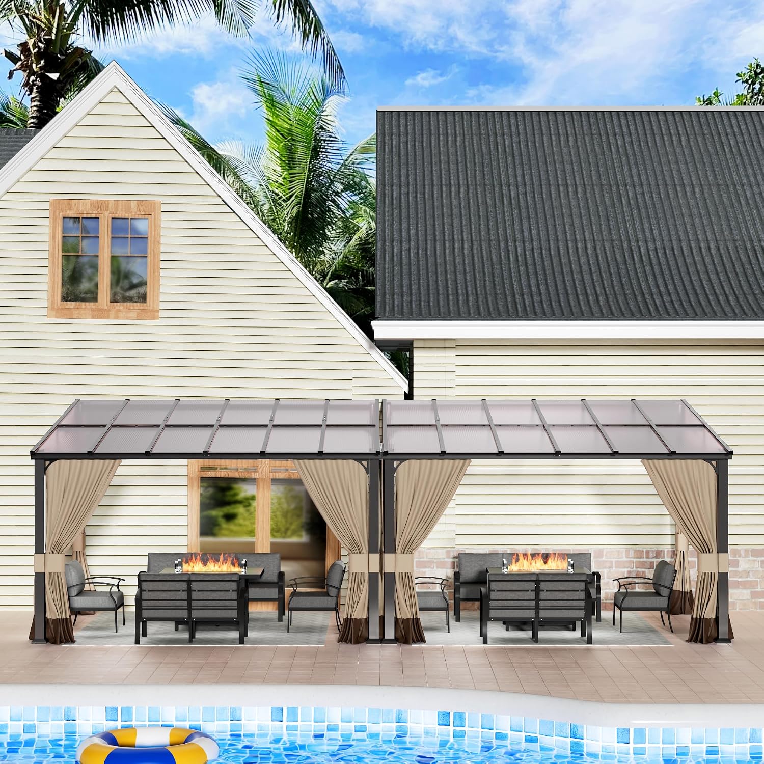 10' x 24' Gazebo for Patio,Wall Mounted Gazebo with Sloping Polycarbonate Roof,Aluminum Frame Outdoor pelgole w/Netting & Curtain for Garden,Backyard,Khaki