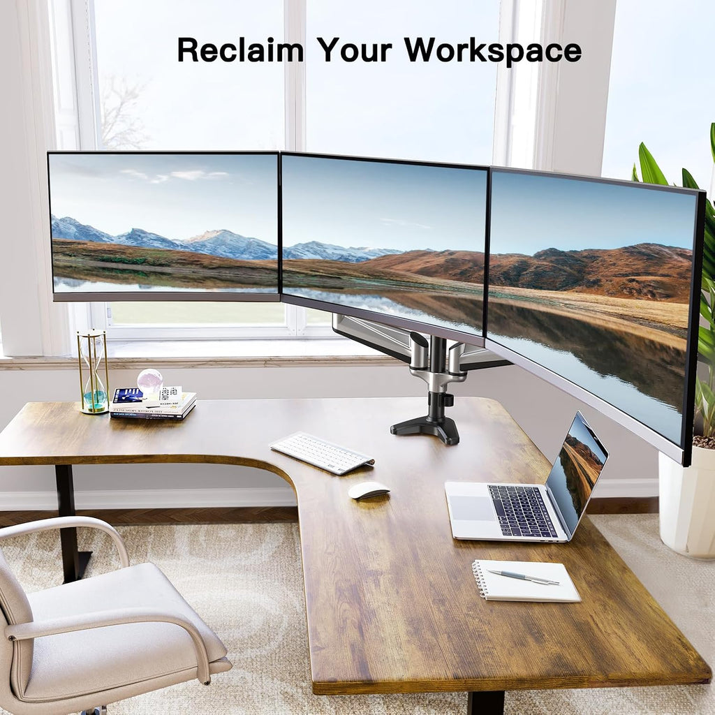 HUANUO Gaming Triple Monitor Stand, Full Motion Articulating Triple Monitor Mount Fit 17 to 32 inch Flat/Curved LCD Computer Screens with Clamp, Grommet Kit, Silver