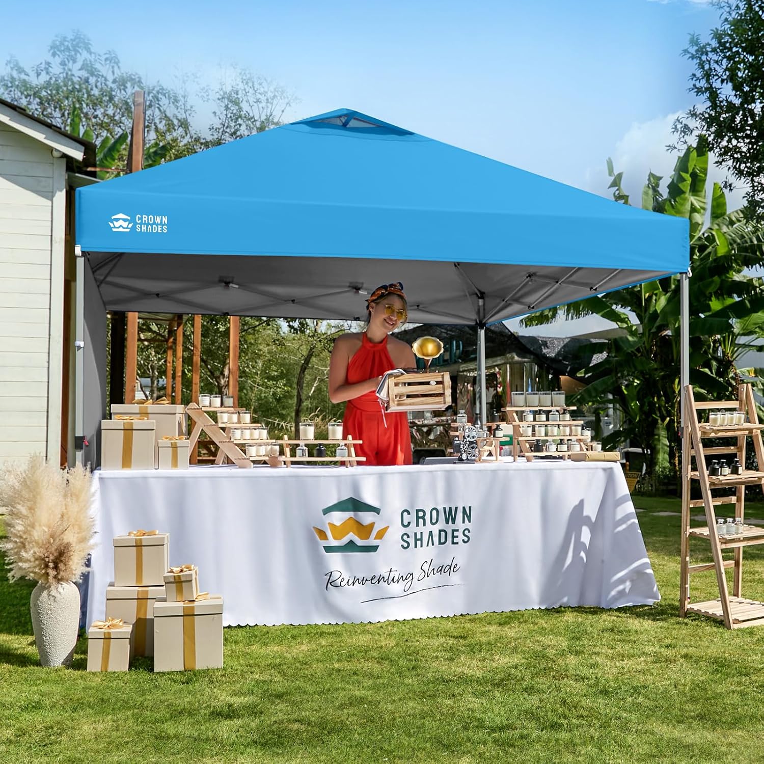 CROWN SHADES 10x10 Pop Up Canopy with 1 Side Wall - Beach Tent with One Push Setup - Outdoor Sun Shade for Events, Parties, Camping - Gazebo with STO-N-Go Cover Bag (Sky Blue)