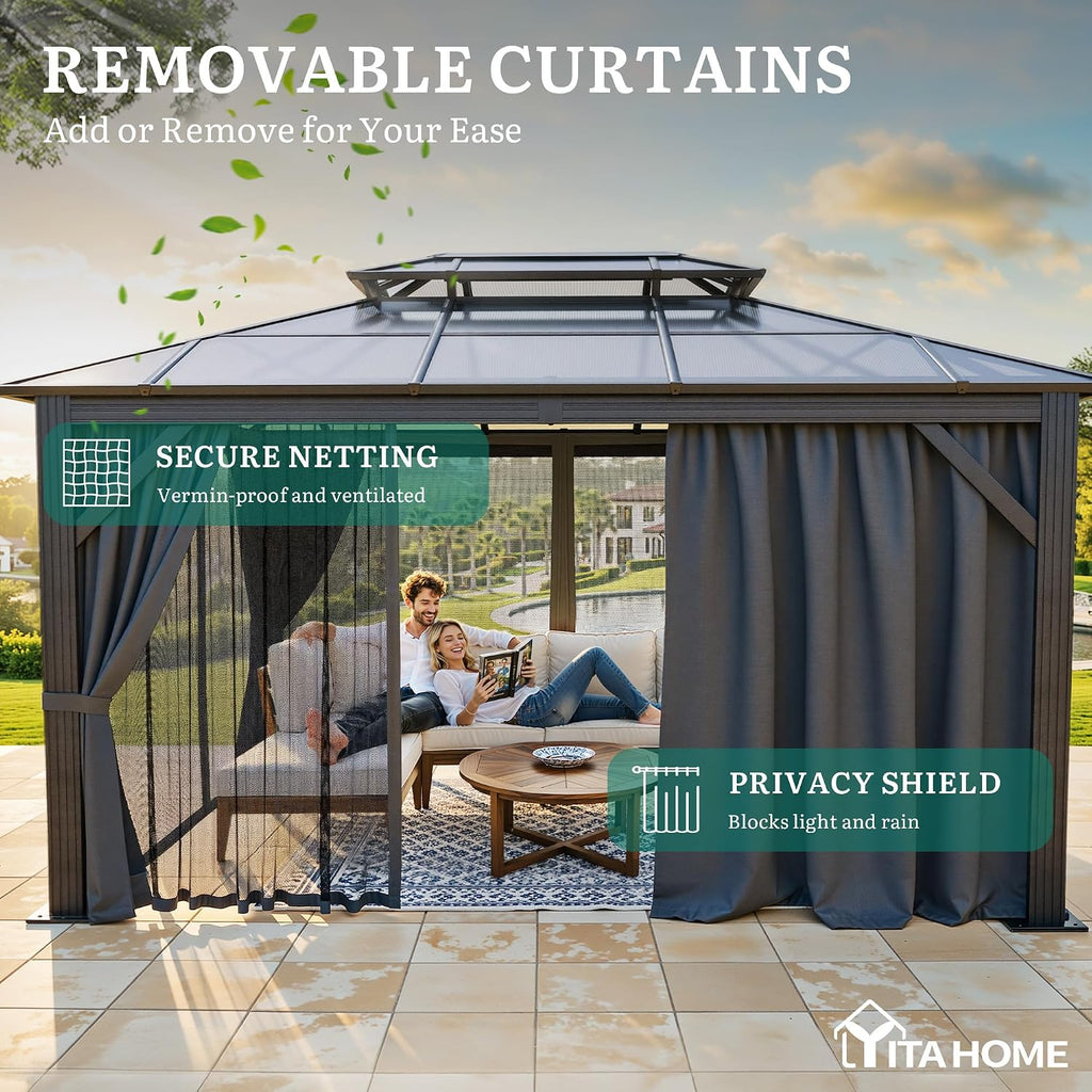 YITAHOME 10x12FT Hard-Top Gazebo Double Roof Canopy Outdoor with Netting and Shaded Curtains, Aluminum Frame Polycarbonate Hardtop Garden Tent for Patio, Backyard, Deck and Lawns, Gray